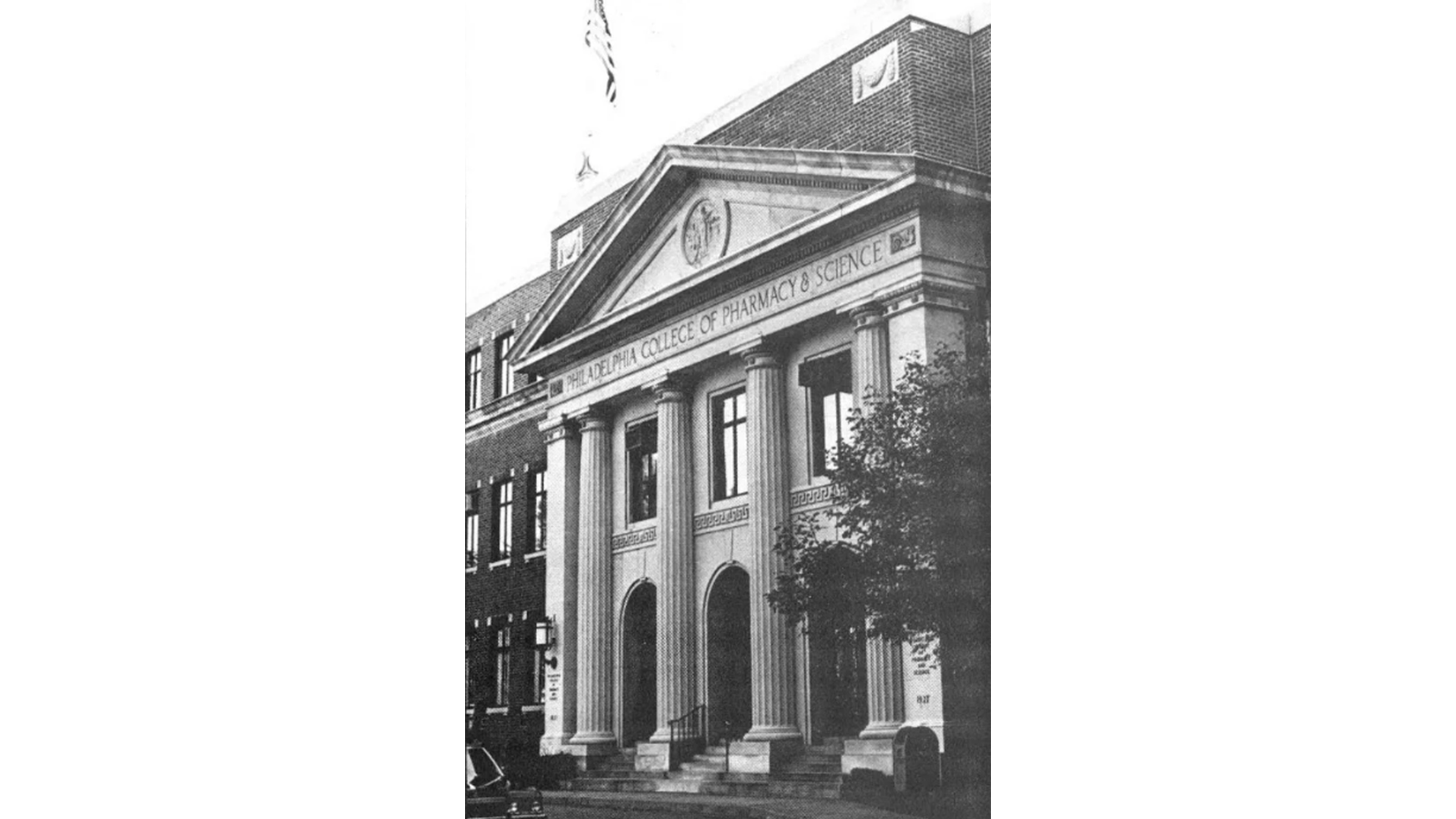 Black and white photo of Griffith Hall at the University of the Sciences (then known as the Philadelphia College of Pharmacy and Science)