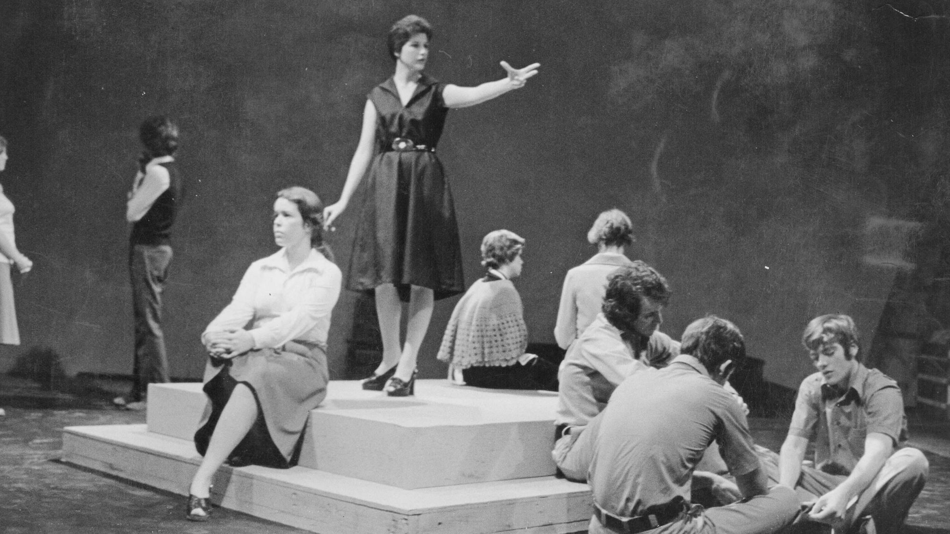 Black and White photo of Saint Joseph’s Theatre Company performing “Antigone.”