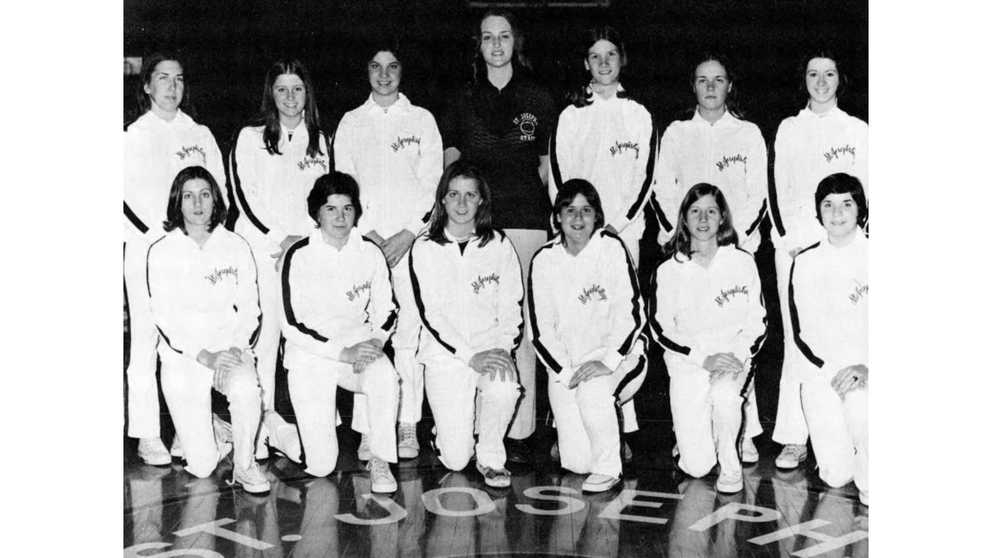 Black and white photo of Saint Joseph's women's basketball team from 1974-76