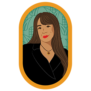 Illustration of a woman with corn in the background