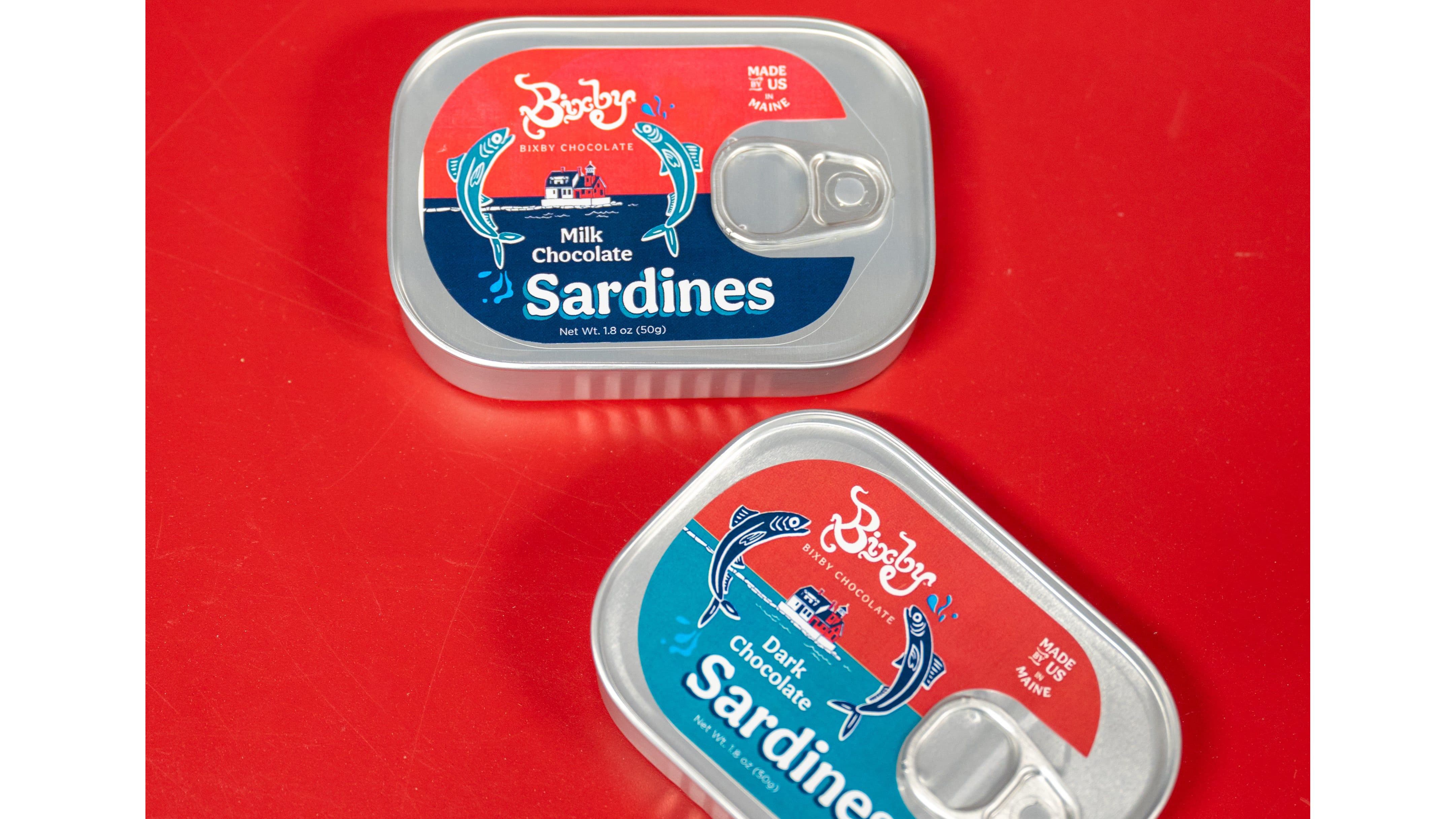 A tin of chocolate-shaped sardines