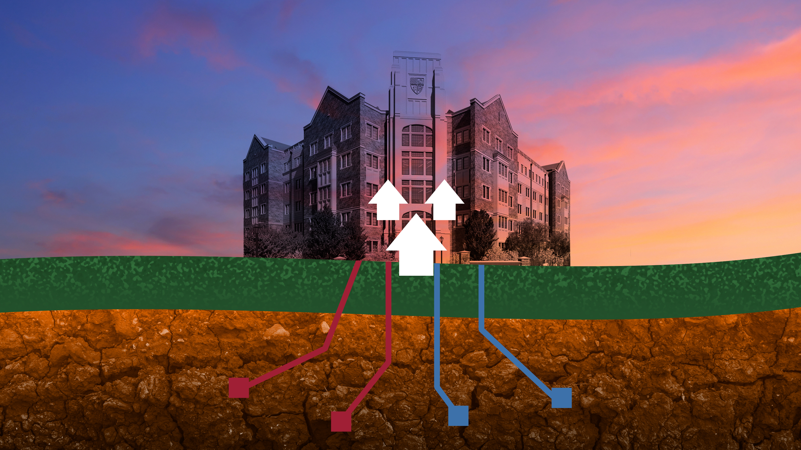 An illustration of a dorm building with blue and red lines underneath