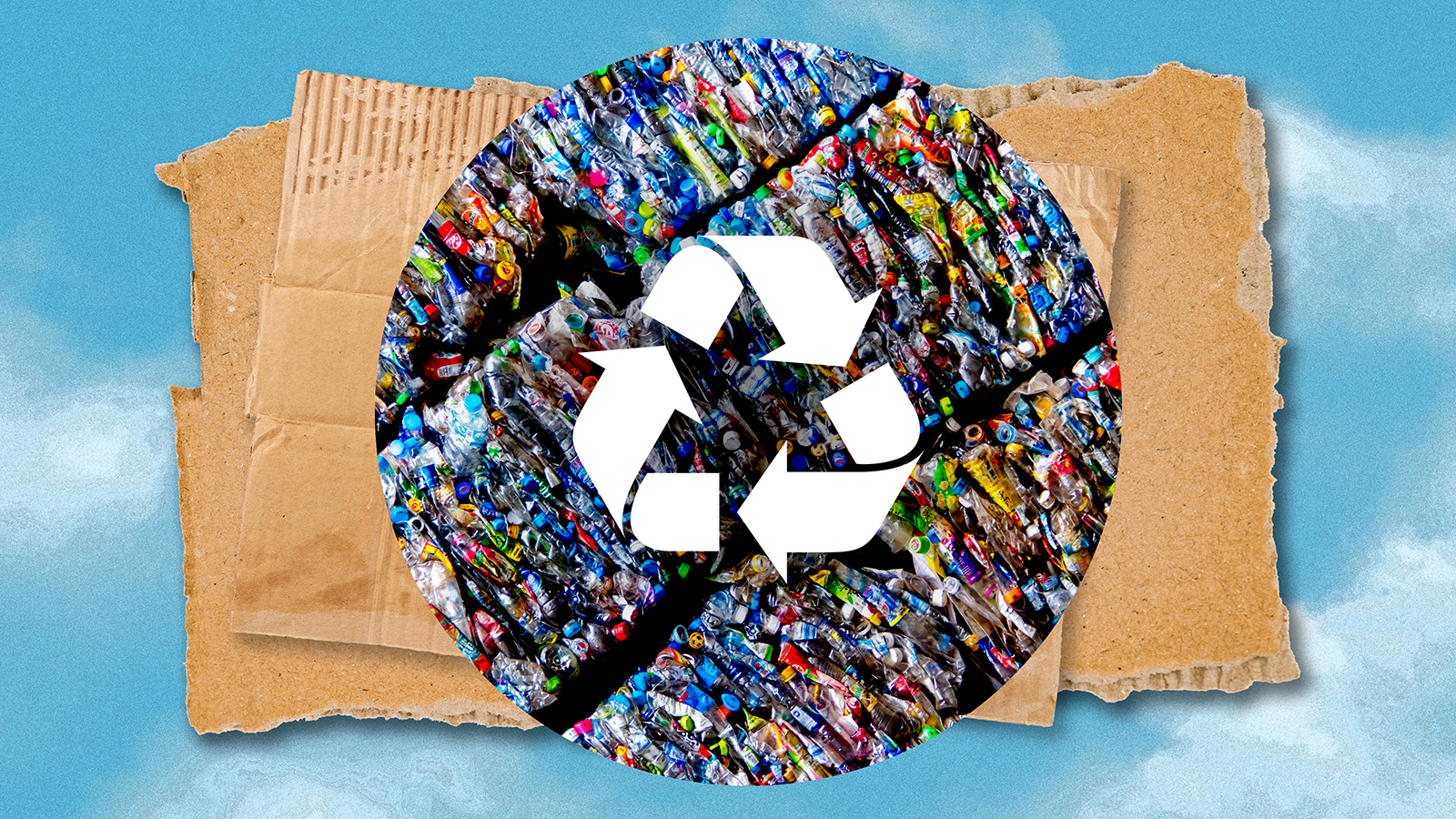 A recycling symbol on top of a pile of recyclable trash