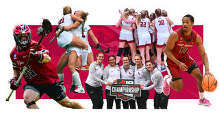 Image of 5 SJU championship teams with red hawks background 