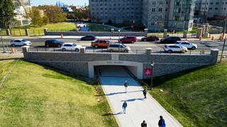 Aerial view of Post Crossing with students walking through 