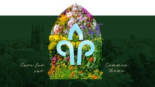 An illustration of a blue lily icon on a backdrop of colorful flowers