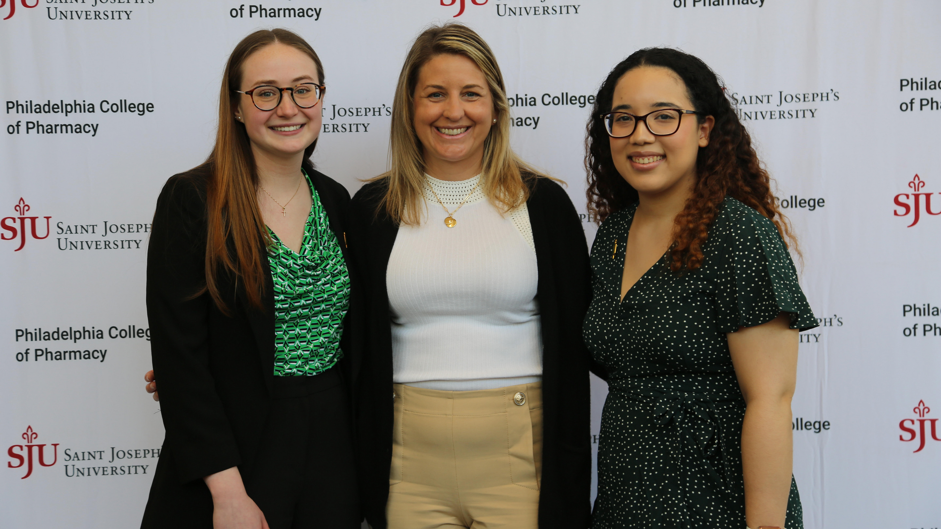 (Left to right: Colleen Huzinec, PharmD ’25, Danielle Alm, PharmD, BCPS, BCPPS, associate professor and acting vice chair of Pharmacy Practice, Luz Rosario, PharmD ’25.)
