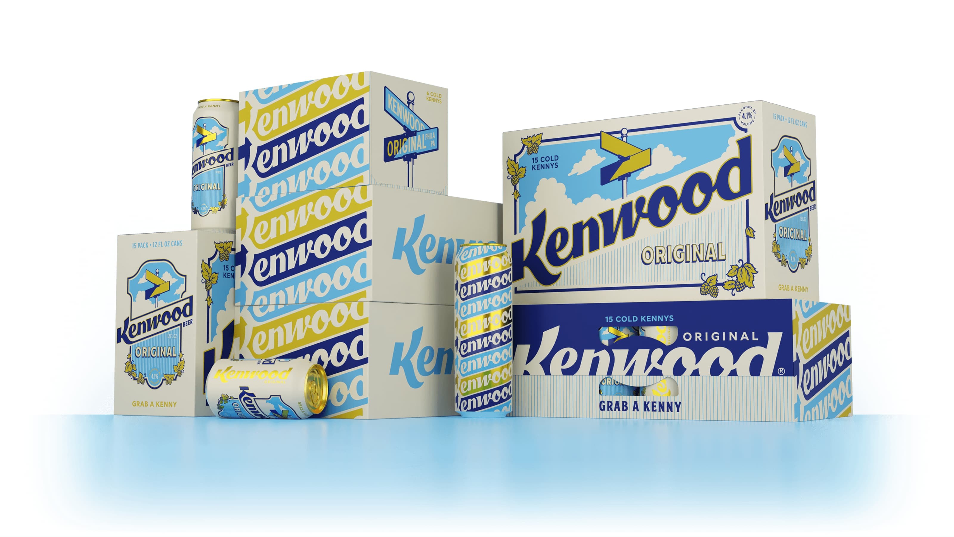 Boxes of Kenwood beer in stacks.