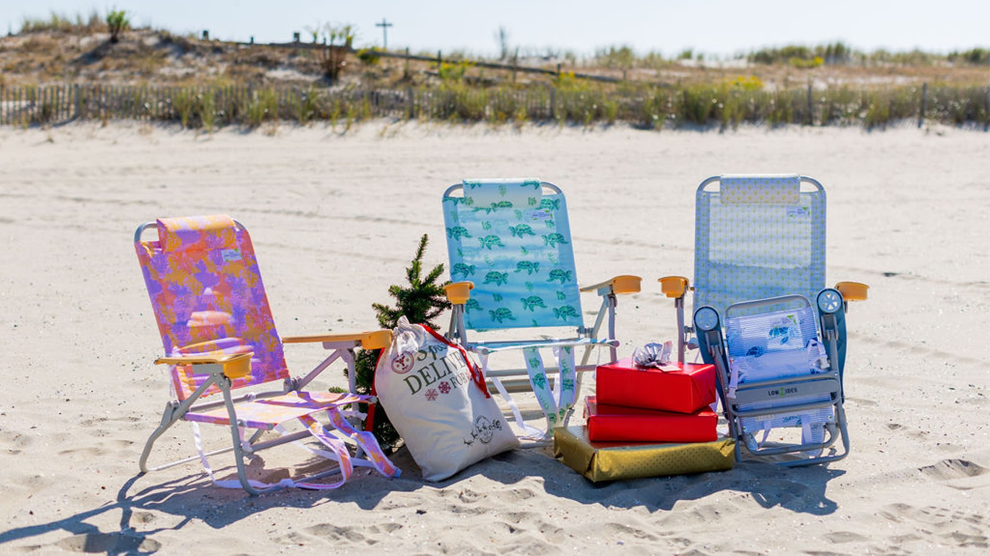 Eco-friendly beach chairs set up in the sand.