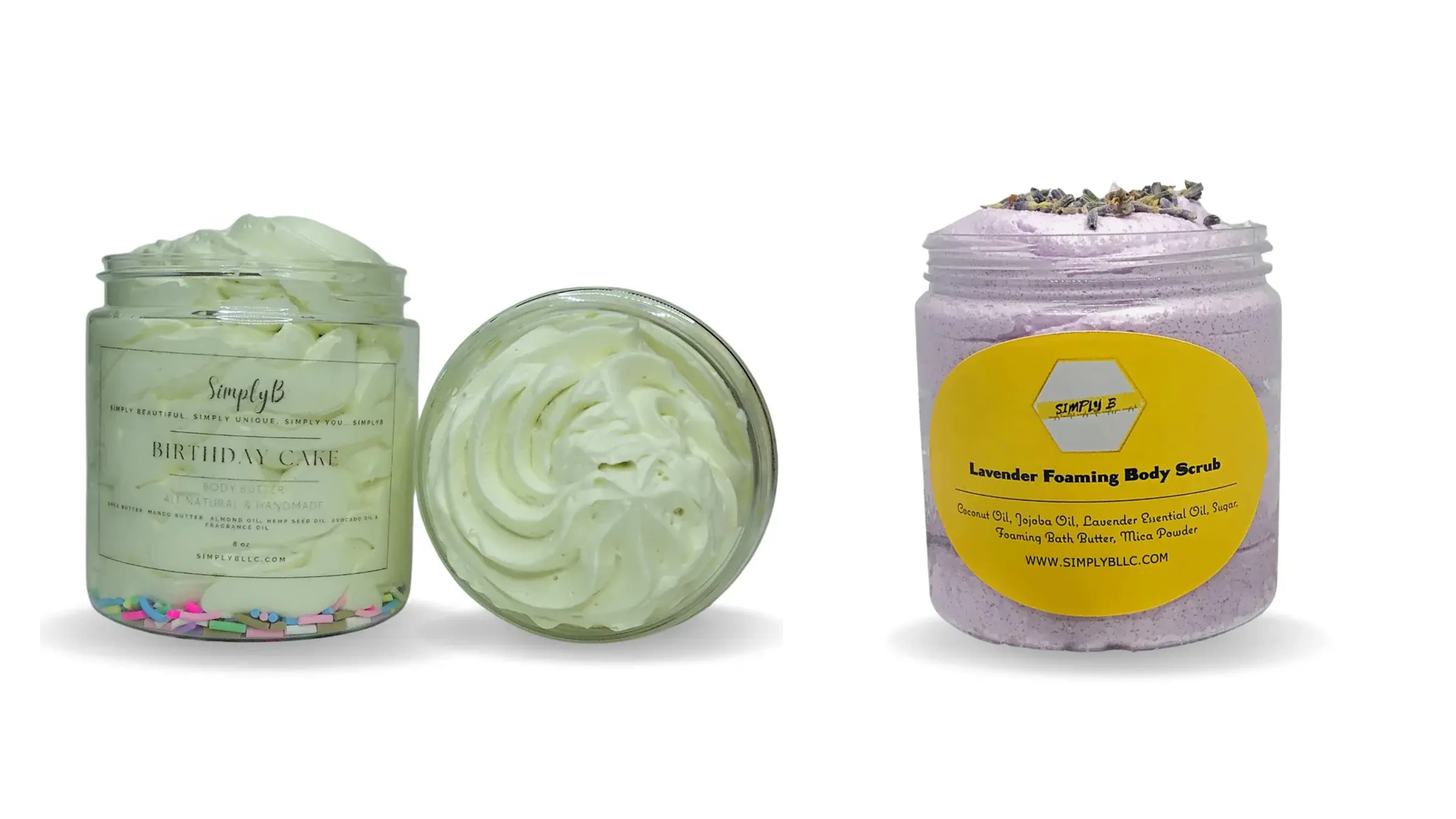 Green and purple body scrubs.
