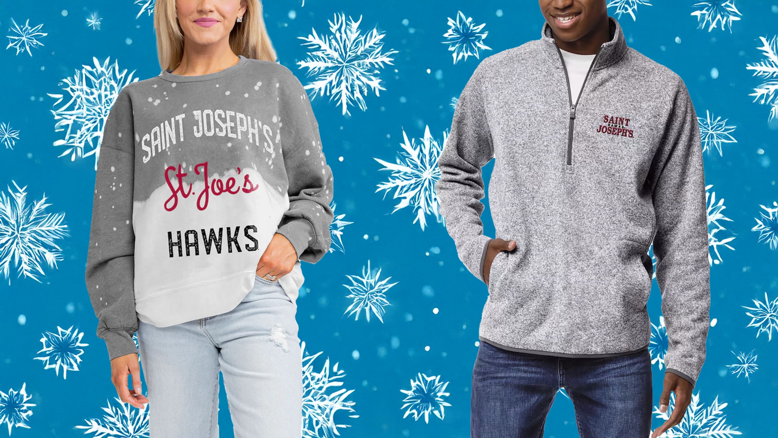 Man and woman wearing Saint Joseph's long-sleeve shirts.