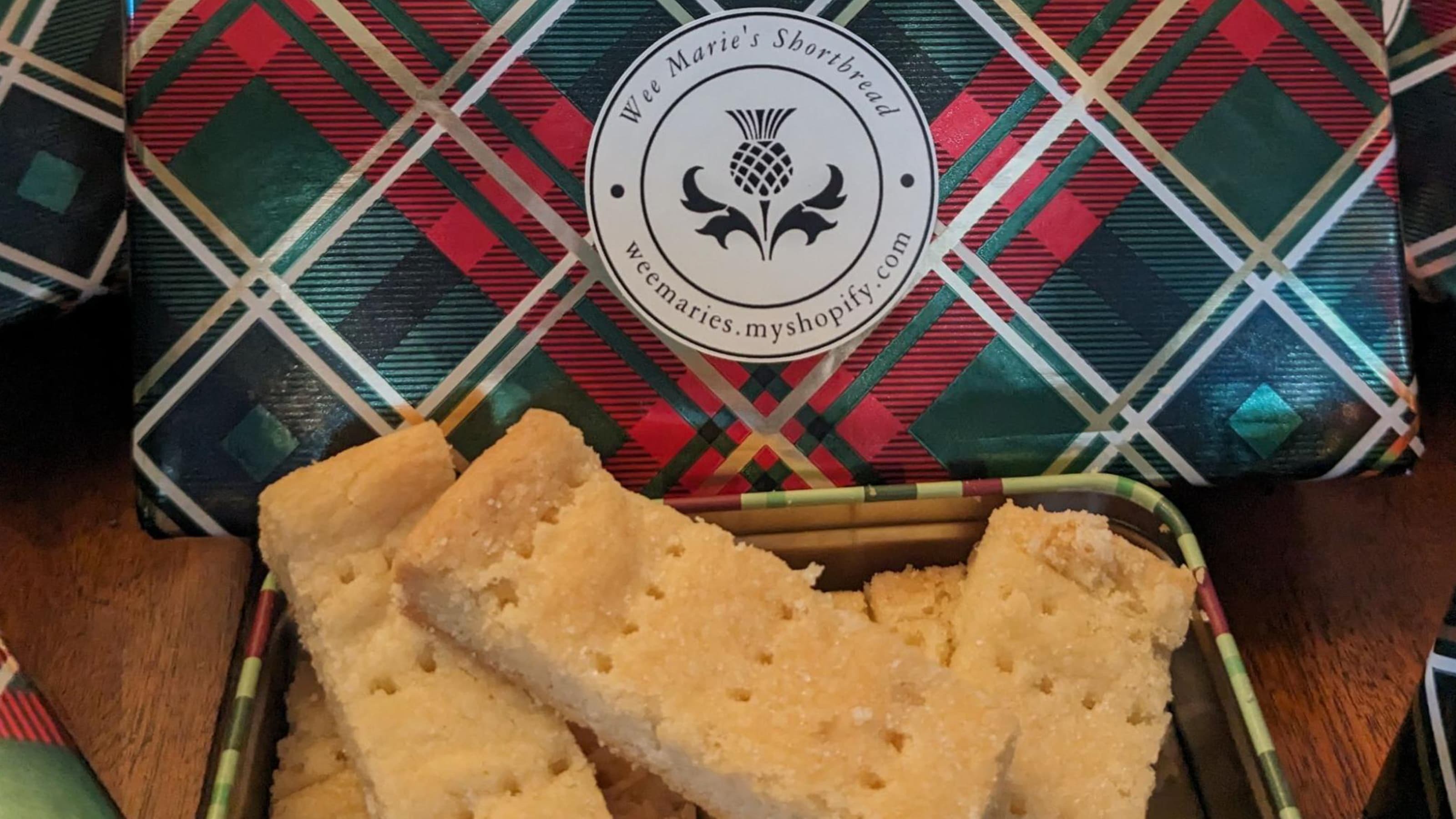 Wee Marie's Scottish Shortbread with a holiday themed box.