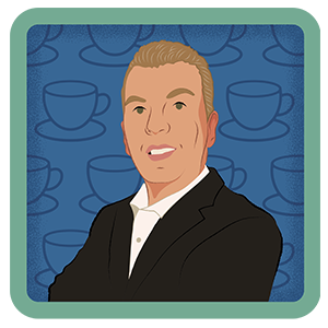 Illustration of a man with coffee mugs in the background