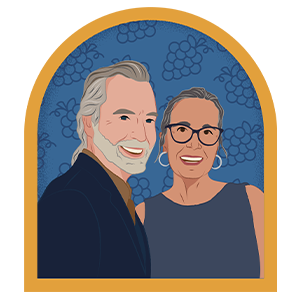 Illustration of a man and woman with grapes in the background