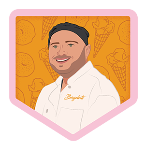 Illustration of a man with bagels and ice cream in the background