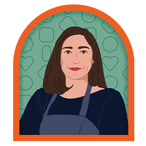 Illustration of a woman wearing a blue apron and chocolate shapes in the background