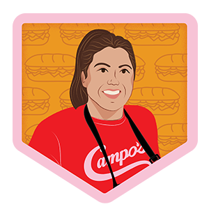 Illustration of a woman with an apron that says Campos on it