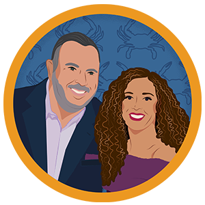 Illustration of a man and woman with crabs in the background