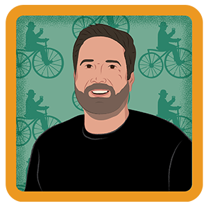 Illustration of a man with bikes in the background