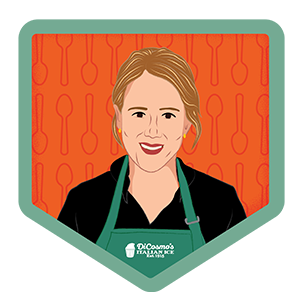 Illustration of a woman with an apron that says DiCosmos Italian Ice on it