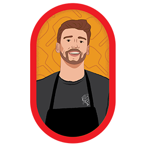 Illustration of a man with pizza board in the background