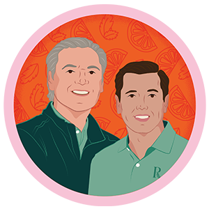 illustration of two males orange slices in the background