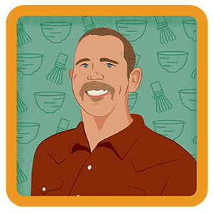 Illustration of a man with tea bowls in the background