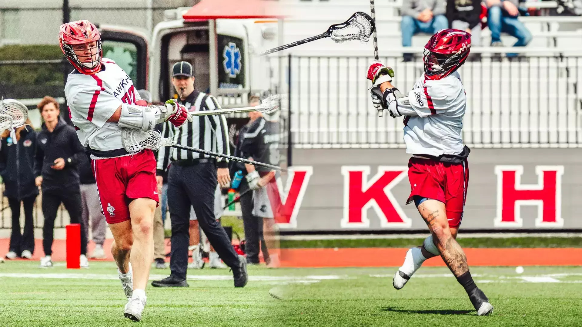 Side by side photo of Richie LaCalandra and Ben Dutton on the lacross field mid-game