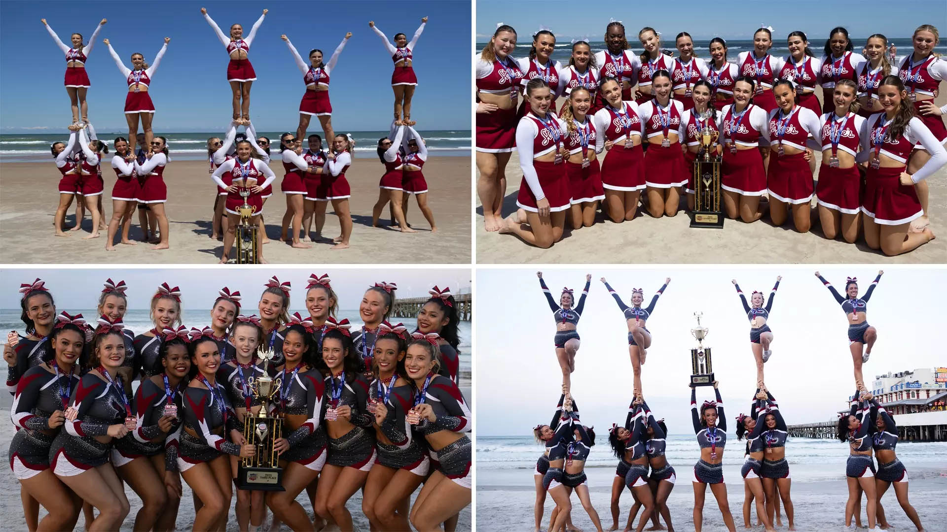 A four-photo collage of Saint Joseph's cheer team celebrating championship win on the beach