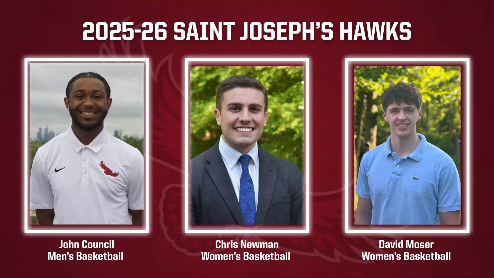Headshot of three male students serving as Saint Joseph's University's Hawk mascots