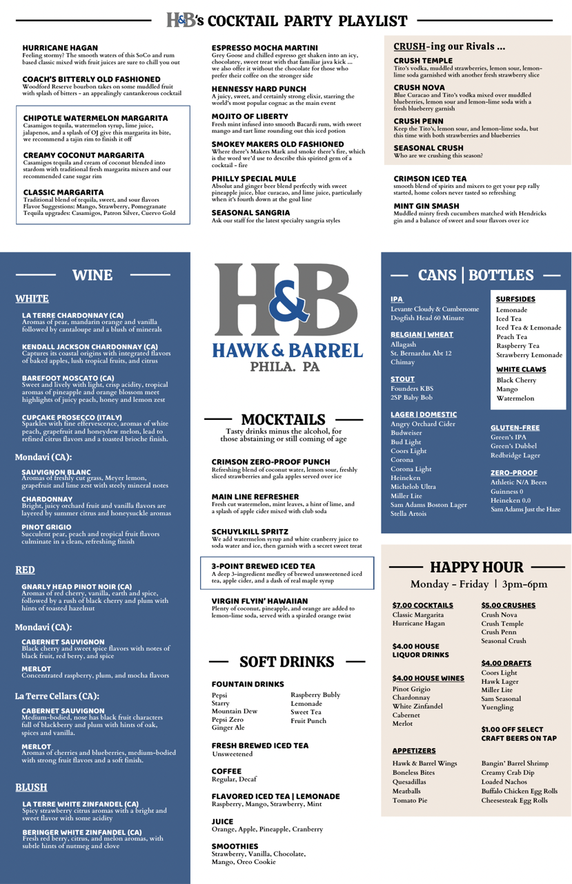 Front of Hawk & Barrel Menu