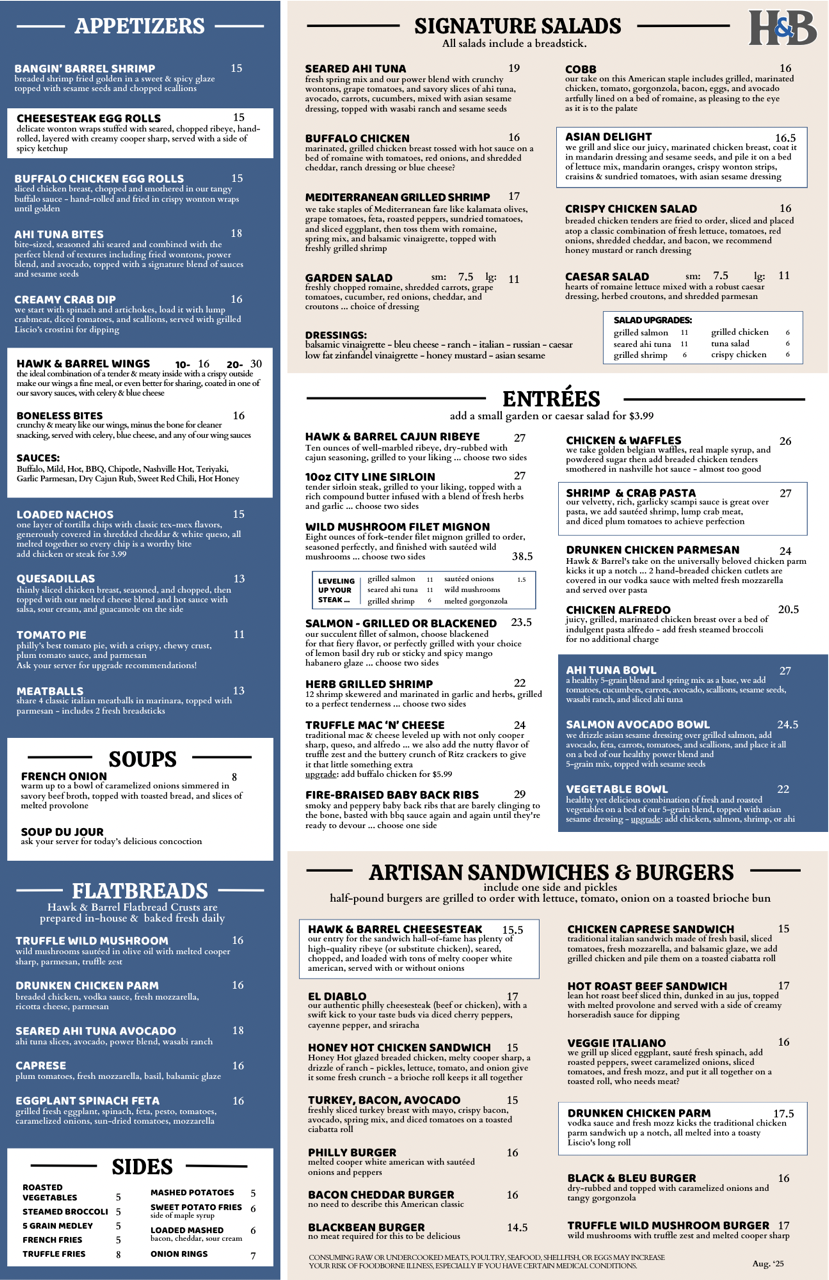 Back of Hawk & Barrel Menu
