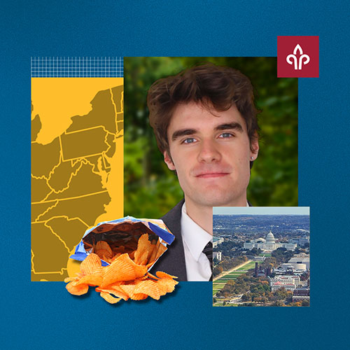 A man smiling with a bag of chips and a landscape of a factory near him