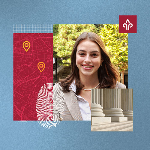 A woman smiling with a finger print next to her