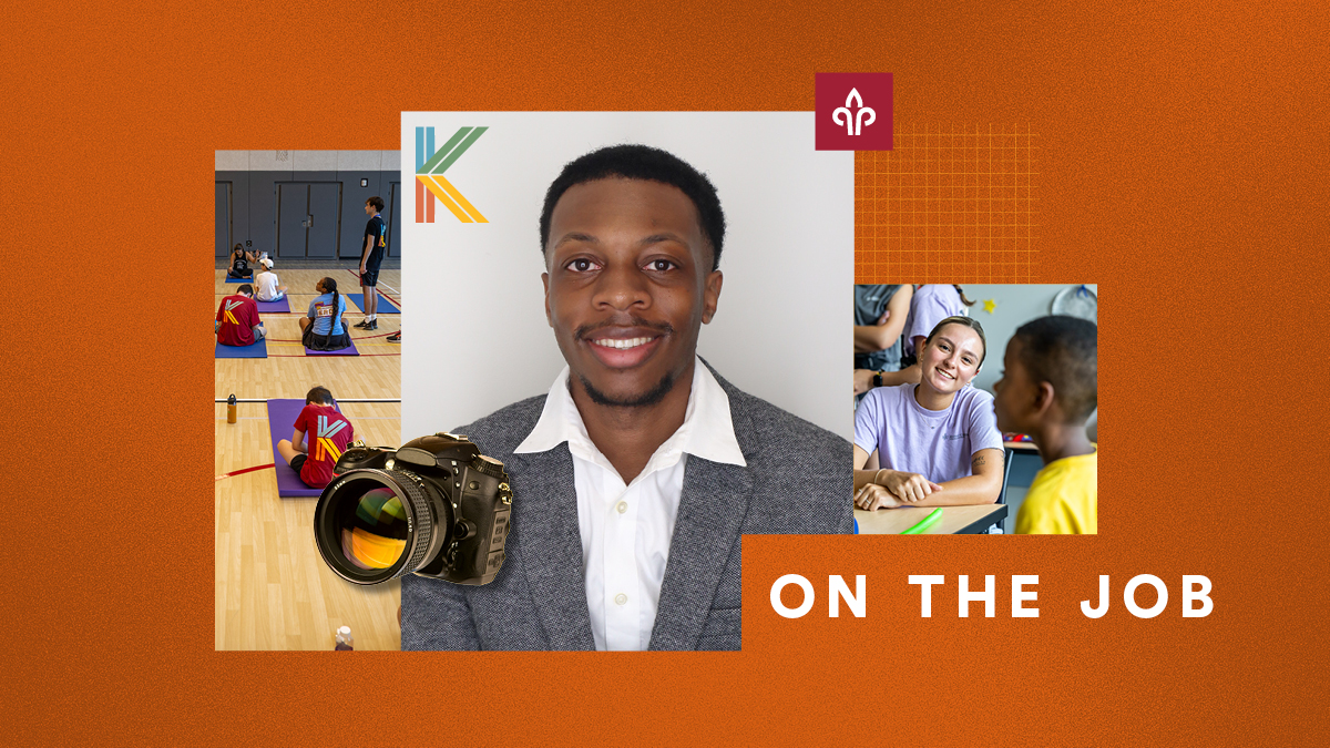 Collage of photos including a headshot, students on yoga mats and students in a classroom, all on an orange background