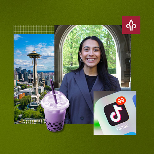 A woman smiling with a bubble tea and a Tiktok icon next to her