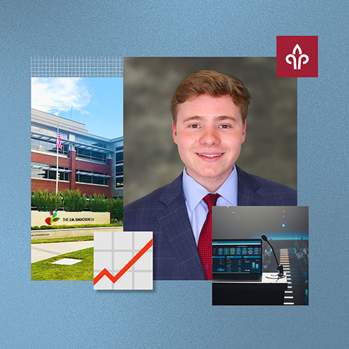 A man smiling with a stock chart next to him