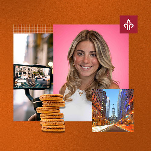 A woman smiling with cookies next to her