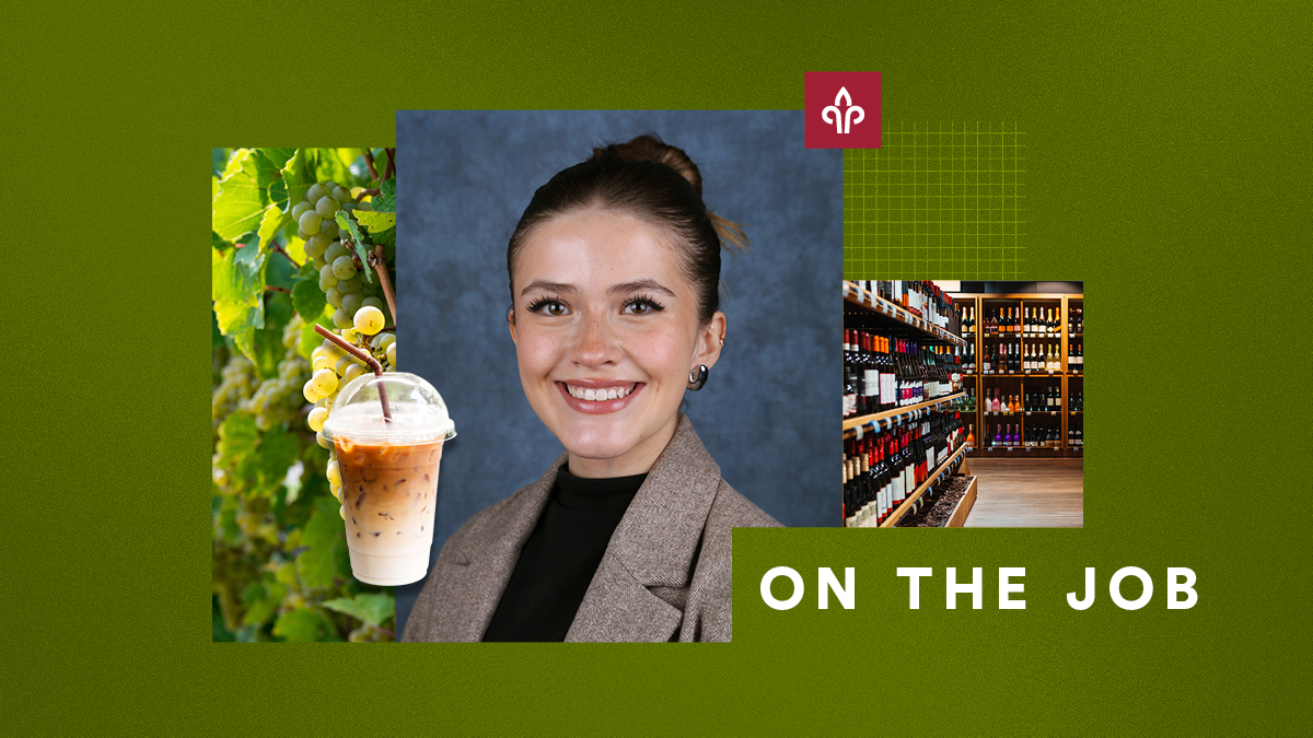 Collage of images including a student headshot, grapes and wine bottles on a green background 