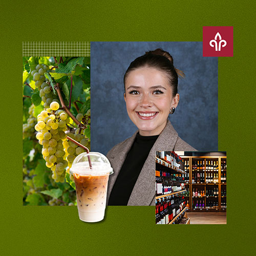A woman smiling with a coffee cup next to her