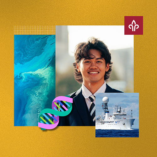 A man smiling with an icon of DNA strands next to him