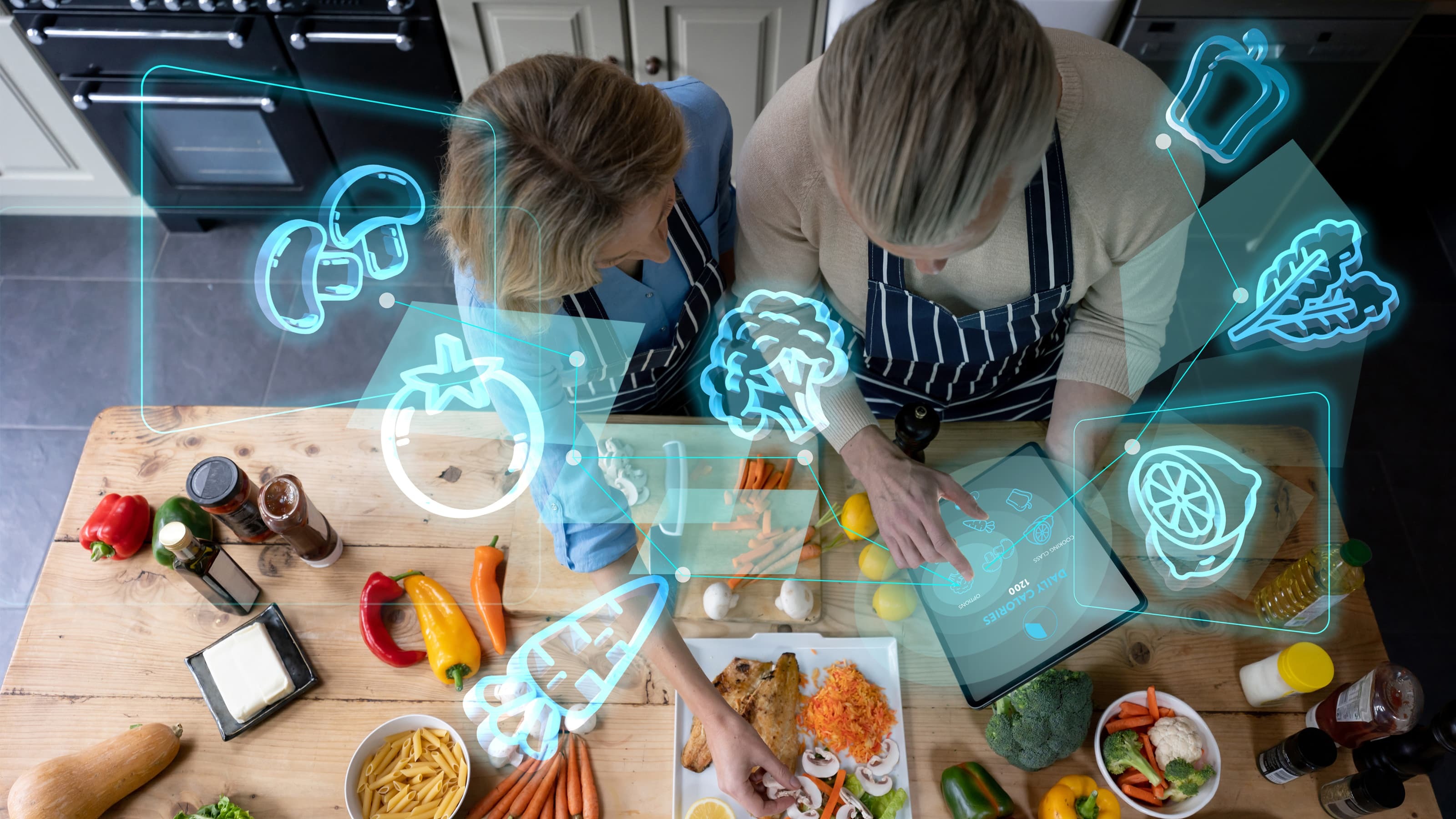 A couple looking at their produce with computer renderings floating above.