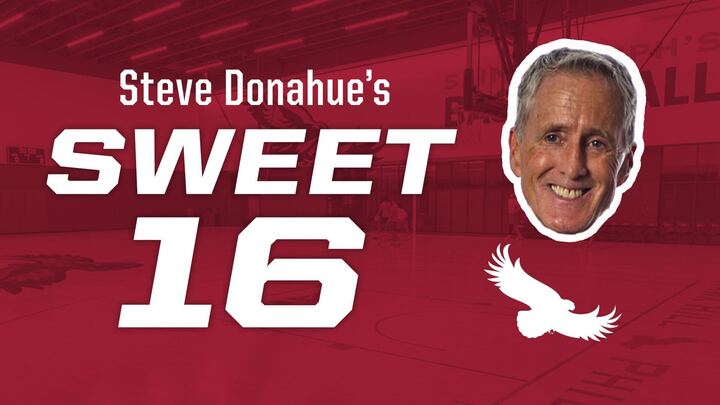 A cutout of Steve Donahue's head on a read background with text that says Steve Donahue's Sweet 16