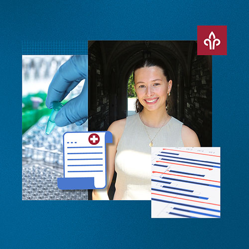 Photo collage of a woman, a medical document, and a medical lab