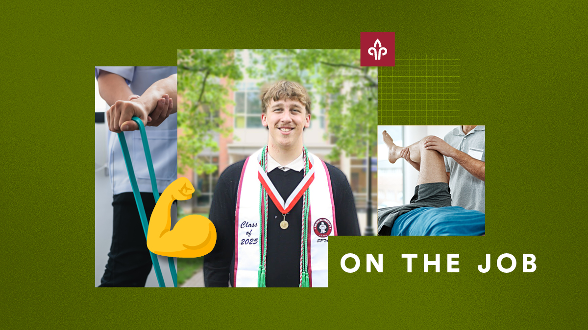 A man in graduation regalia with images of people exercising around him