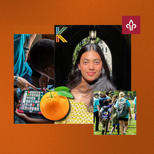 Photo collage of a woman, an orange, a boy with a tablet computer, and people wearing backpacks