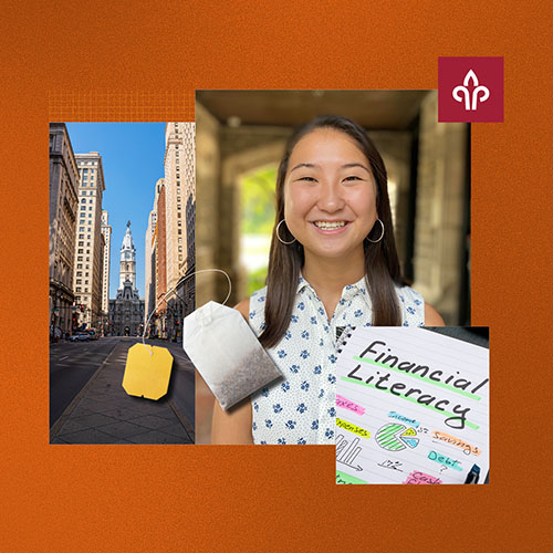 Photocollage of a woman, a teabag, and a document with the words "financial literacy"