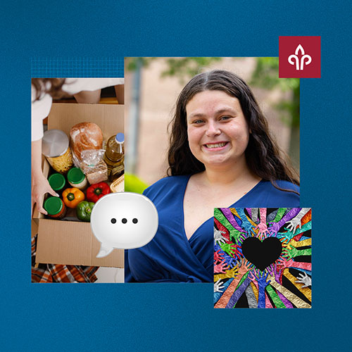 Photo collage of a woman, a speech bubble, donated food, and a heart illustration