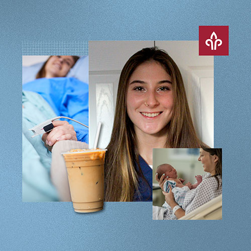 Photo collage of a woman, a coffee, a woman in a hospital bed, and a newborn baby
