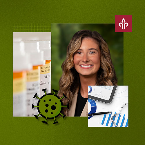 Photo collage of a woman, a virus illustration, pill bottles, and a stethoscope 